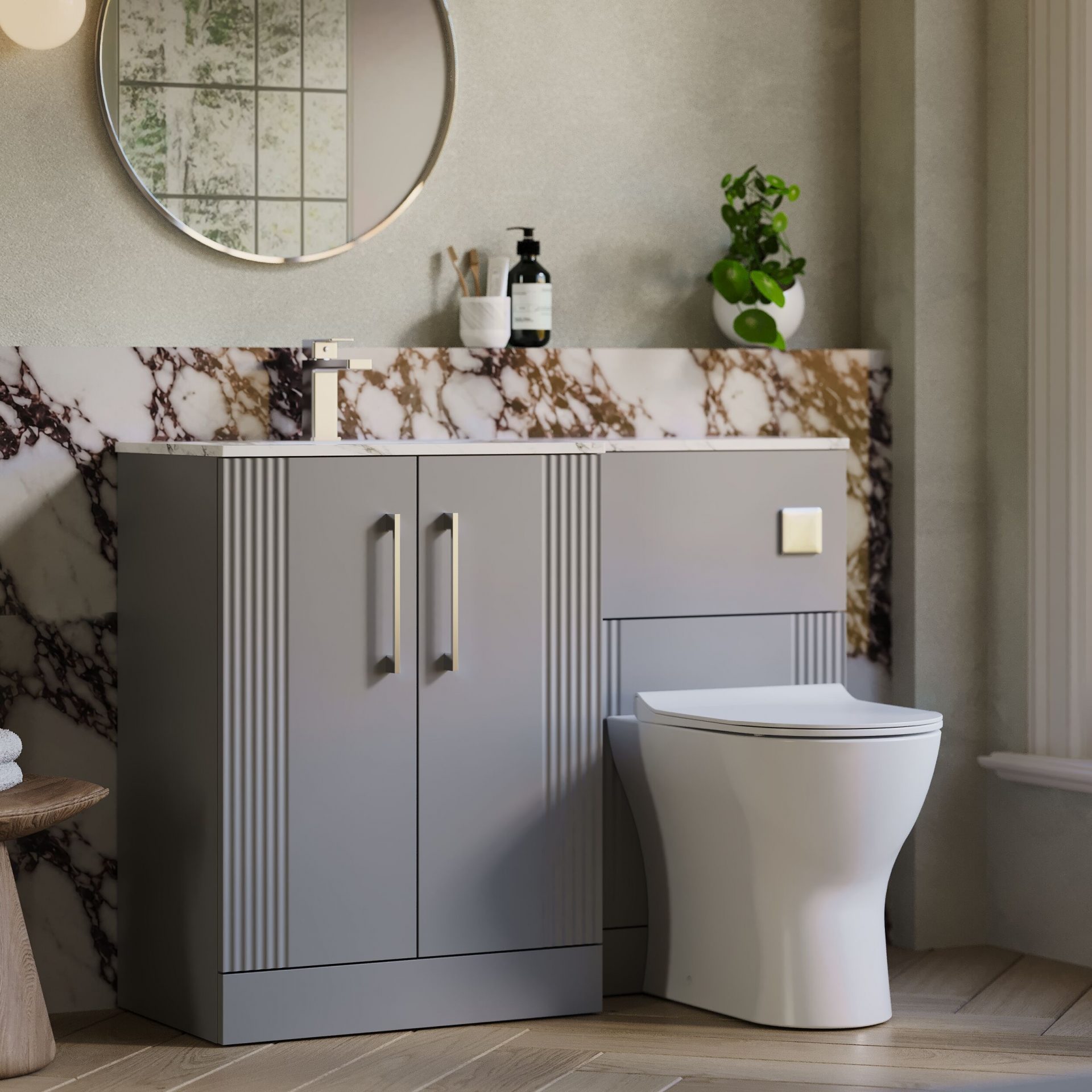 Nuie Deco 1100mm 2 Door Floor Standing Combination Unit with Carrara Marble Basin – Satin Grey