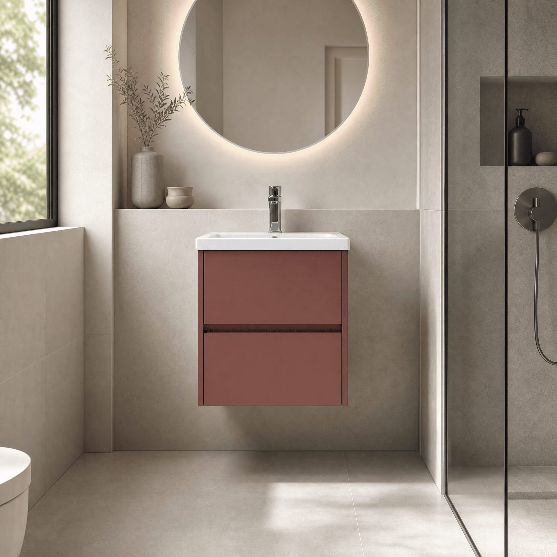 Nuie Havana 500mm 2 Drawer Wall Hung Unit & Mid Edge Basin – Smoked Red
