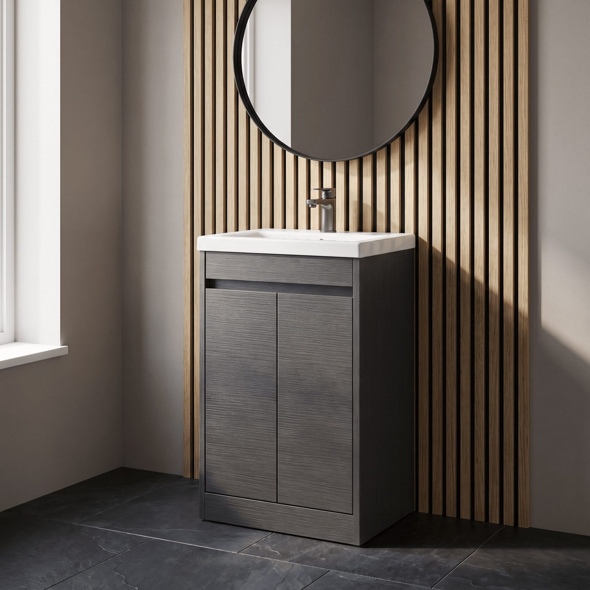 Nuie Havana 500mm 2 Door Floor Standing Unit & Mid-Edge Basin – Graphite Grey