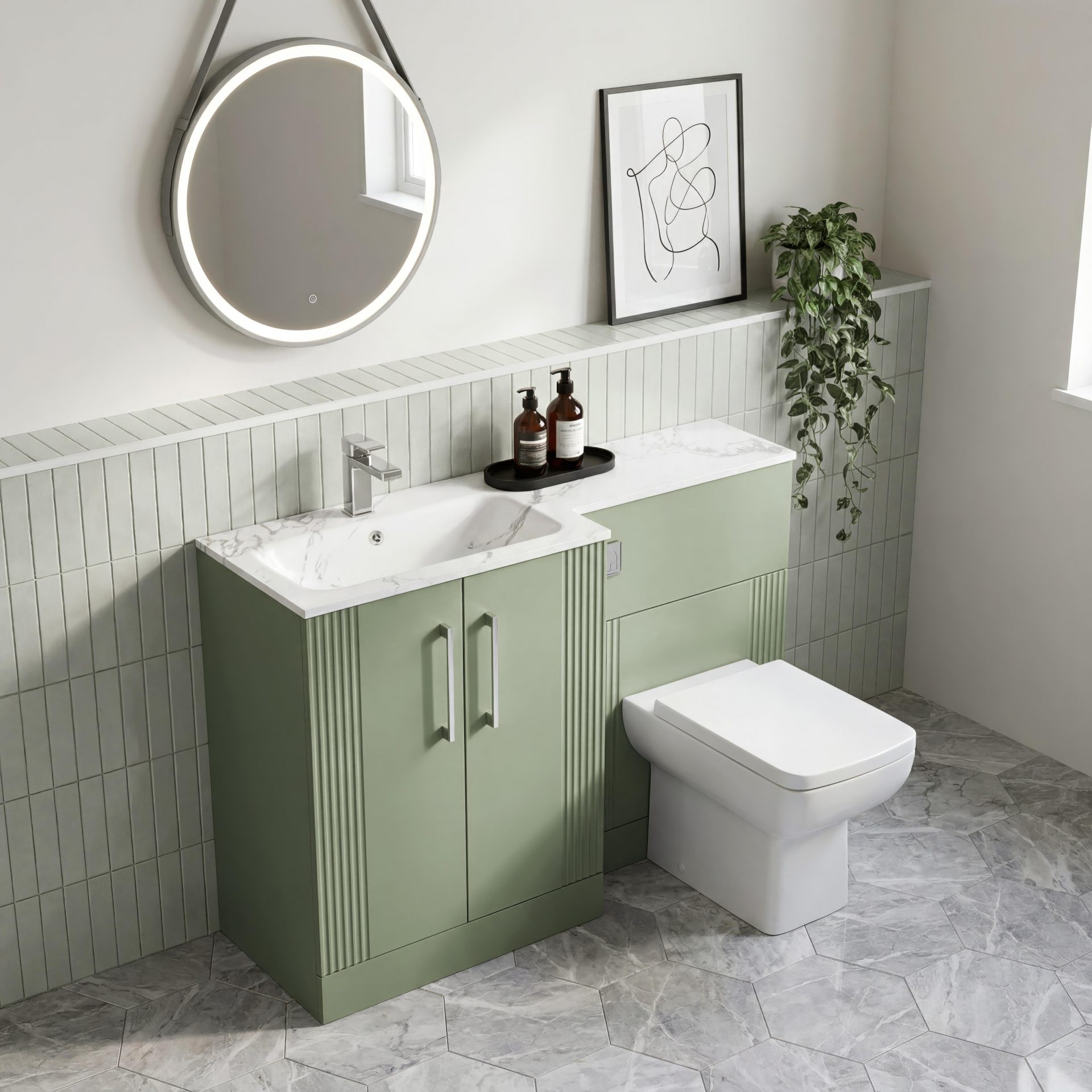 Nuie Deco 1100mm 2 Door Floor Standing Combination Unit with Carrara Marble Basin – Satin Green