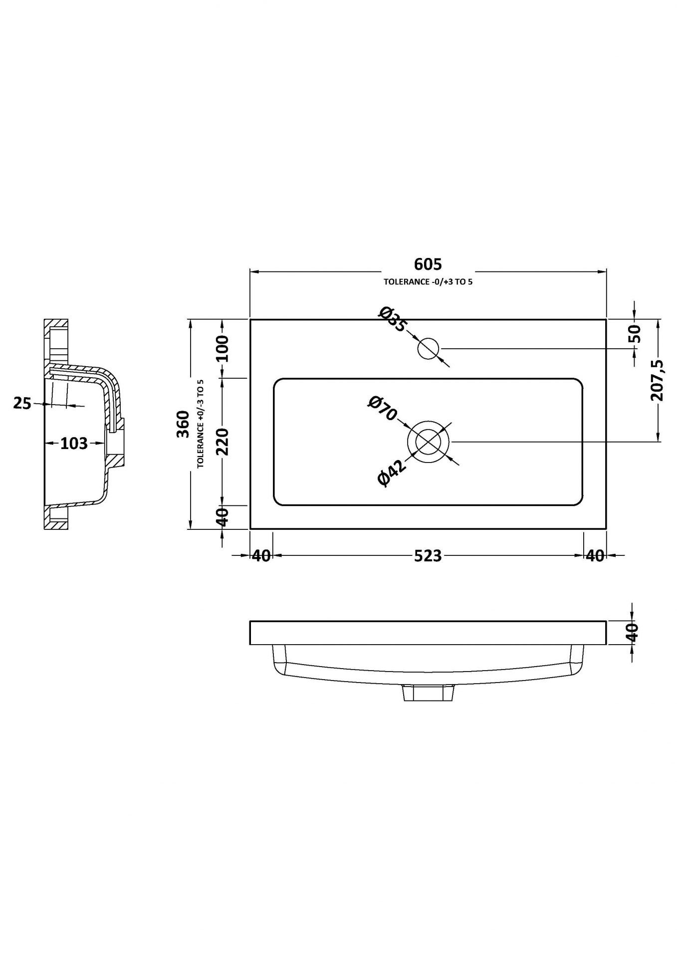 Nuie Lux 1TH 600mm Rectangular Polymarble Basin
