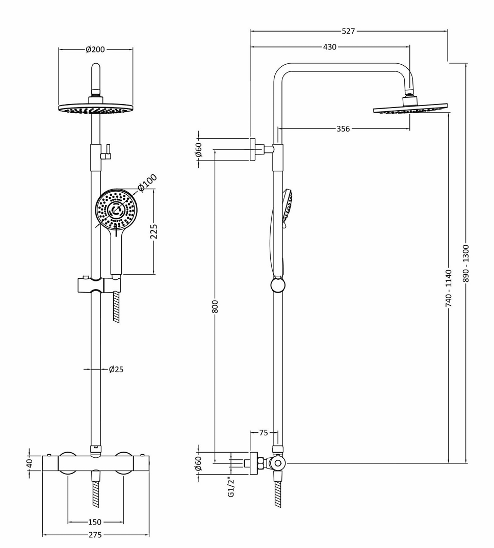 900mm Matt Black Quadrant Shower Enclosure With White Tray, Waste and Round Thermostatic Shower Kit