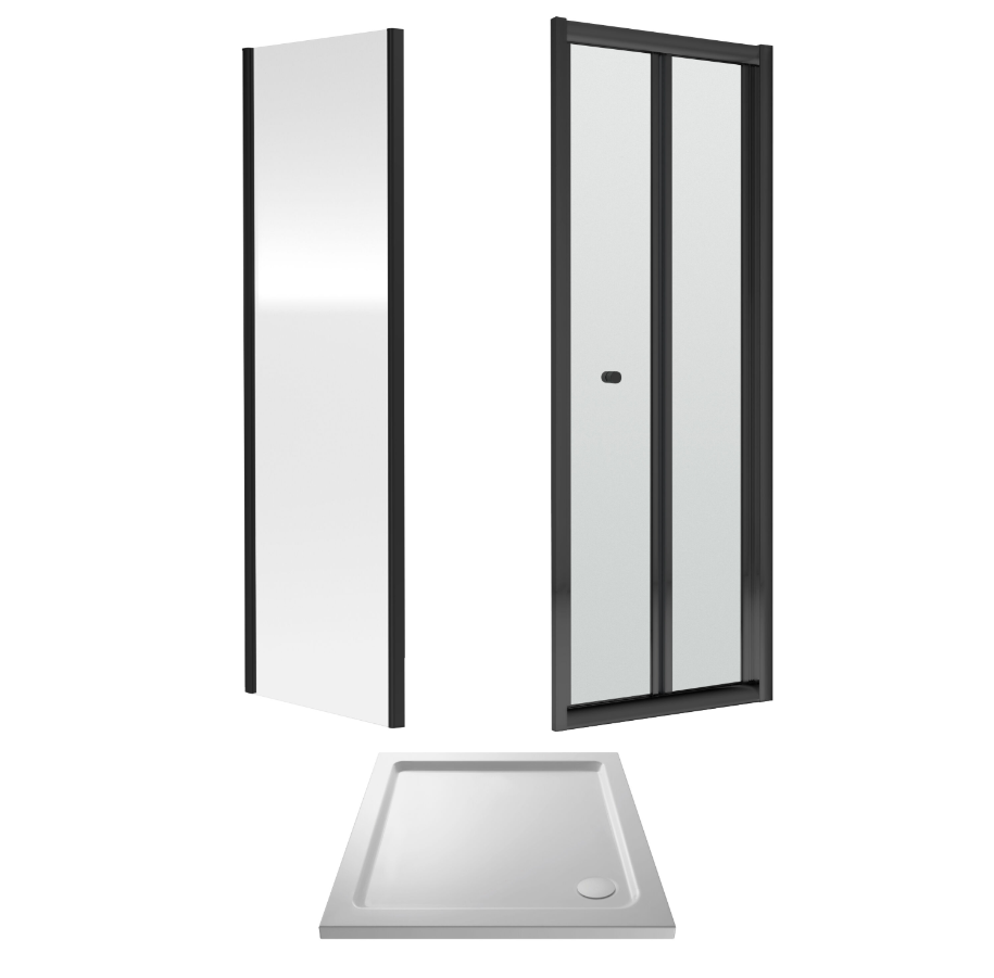 760 x 760mm Matt Black Bi-fold Door Shower Enclosure With White Tray