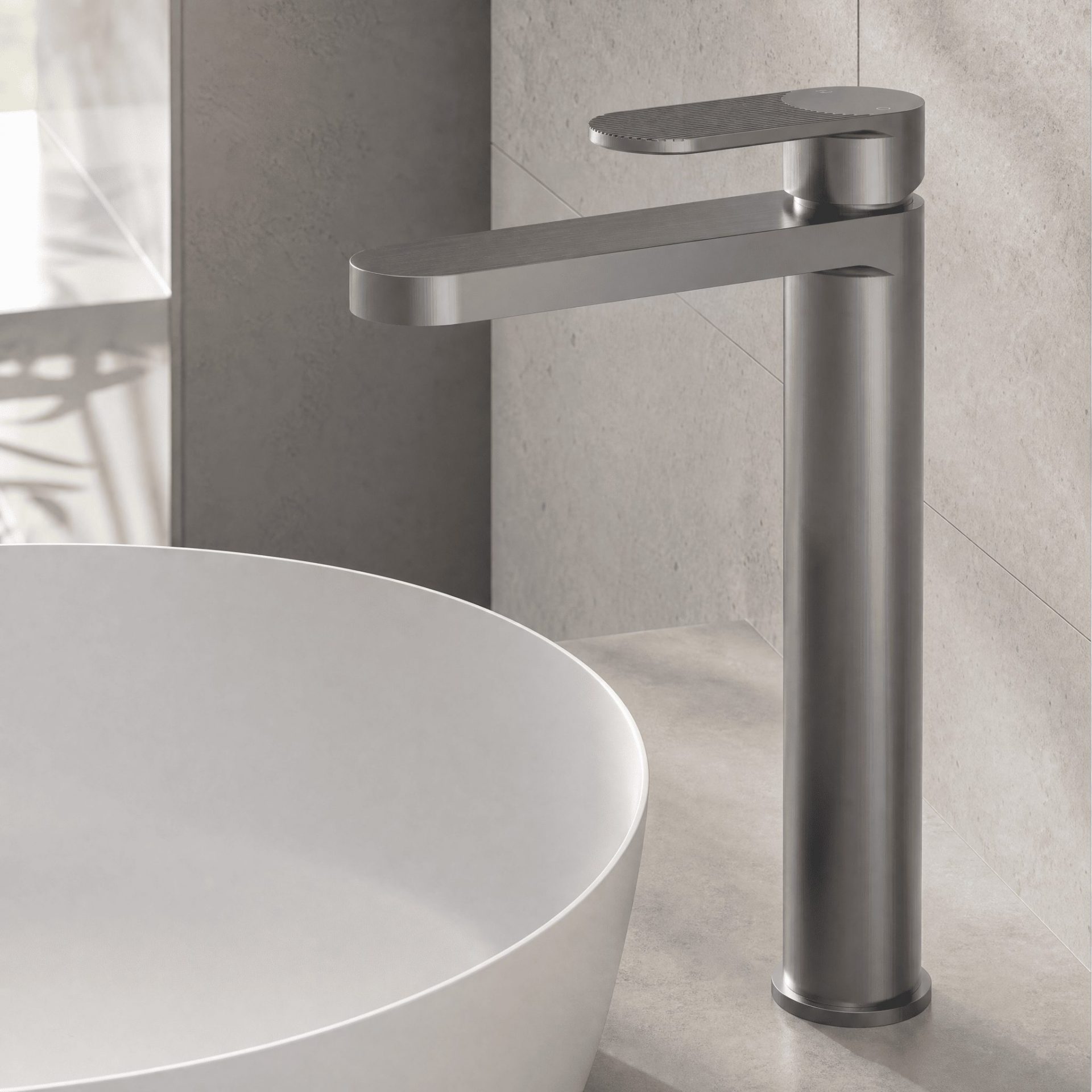 Nuie Cyprus Fluted Tall Mono Basin Mixer – Brushed Pewter