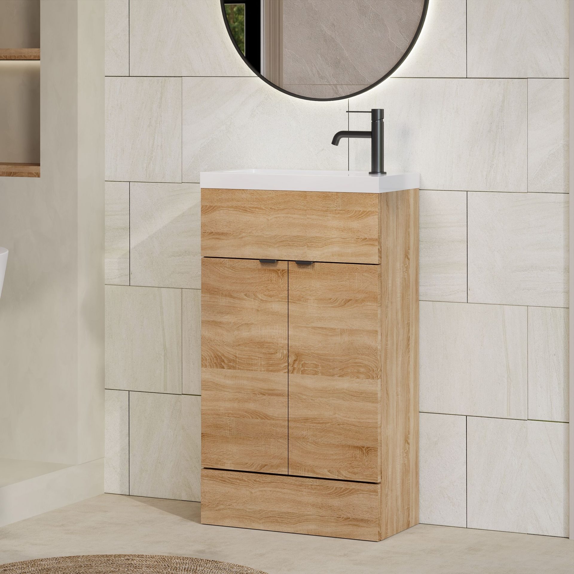 Hudson Reed Fusion Slimline 500mm 2 Door Floor Standing Vanity Unit – Bleached Oak