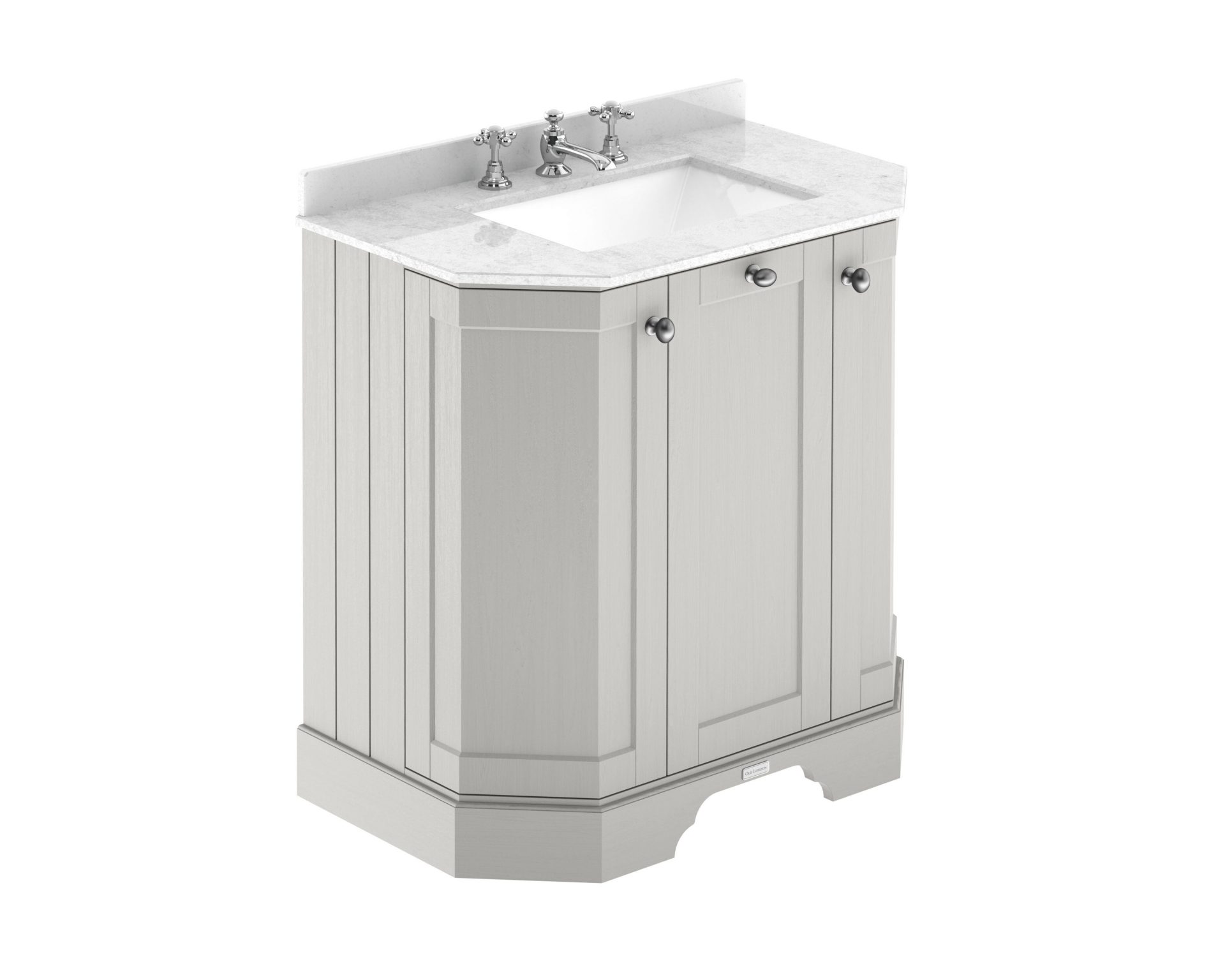 Old London 750mm 3 Door Floor Standing Angled Vanity Unit & White Marble Basin – Timeless Sand