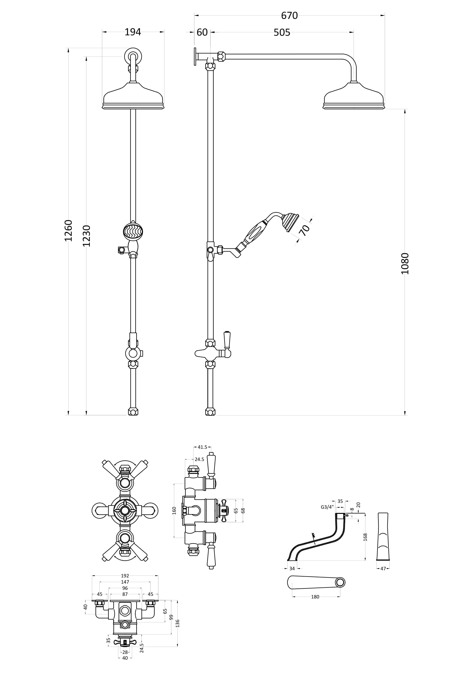 Old London Traditional Thermostatic Shower with Rigid Riser Kit & Bath Spout – Chrome