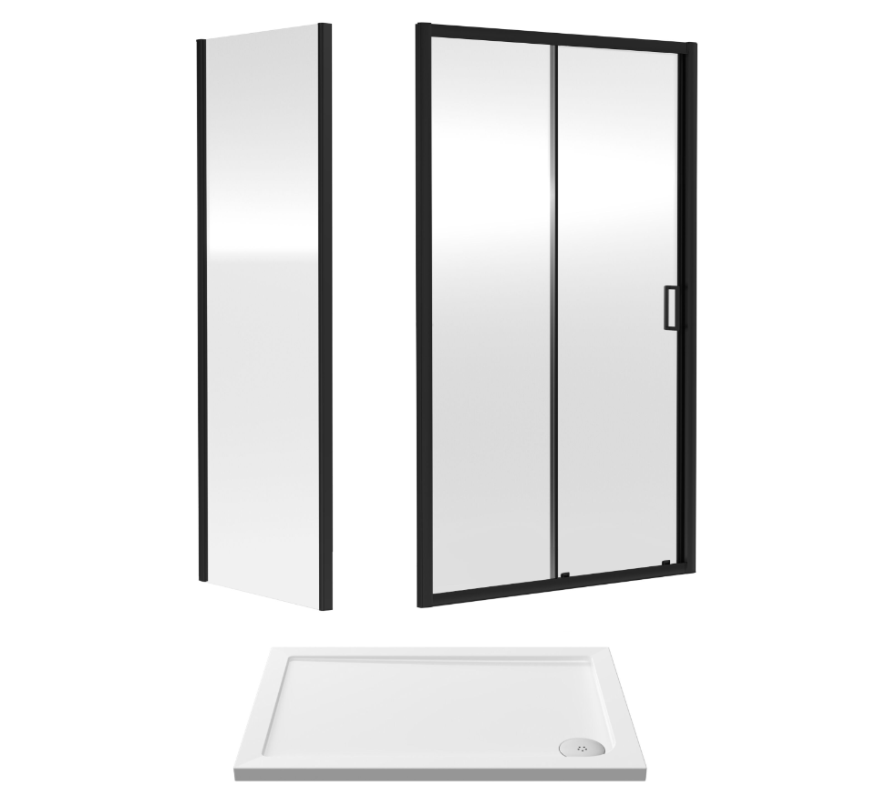1000 x 700mm Matt Black Single Sliding Door Shower Enclosure With White Tray