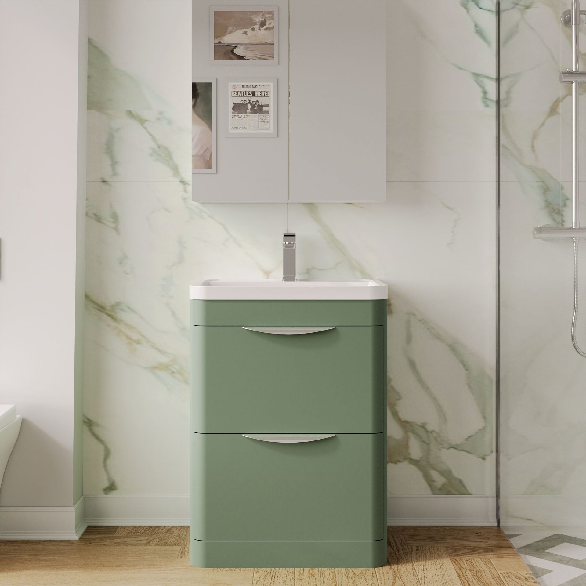 Nuie Parade 600mm 2 Drawer Floorstanding Vanity Unit & Polymarble Basin – Satin Green