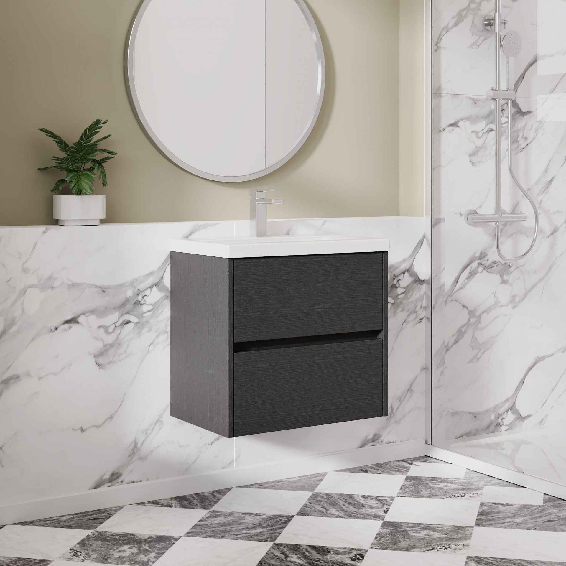 Nuie Havana 600mm 2 Drawer Wall Hung Unit & Mid Edge Basin – Graphite Grey