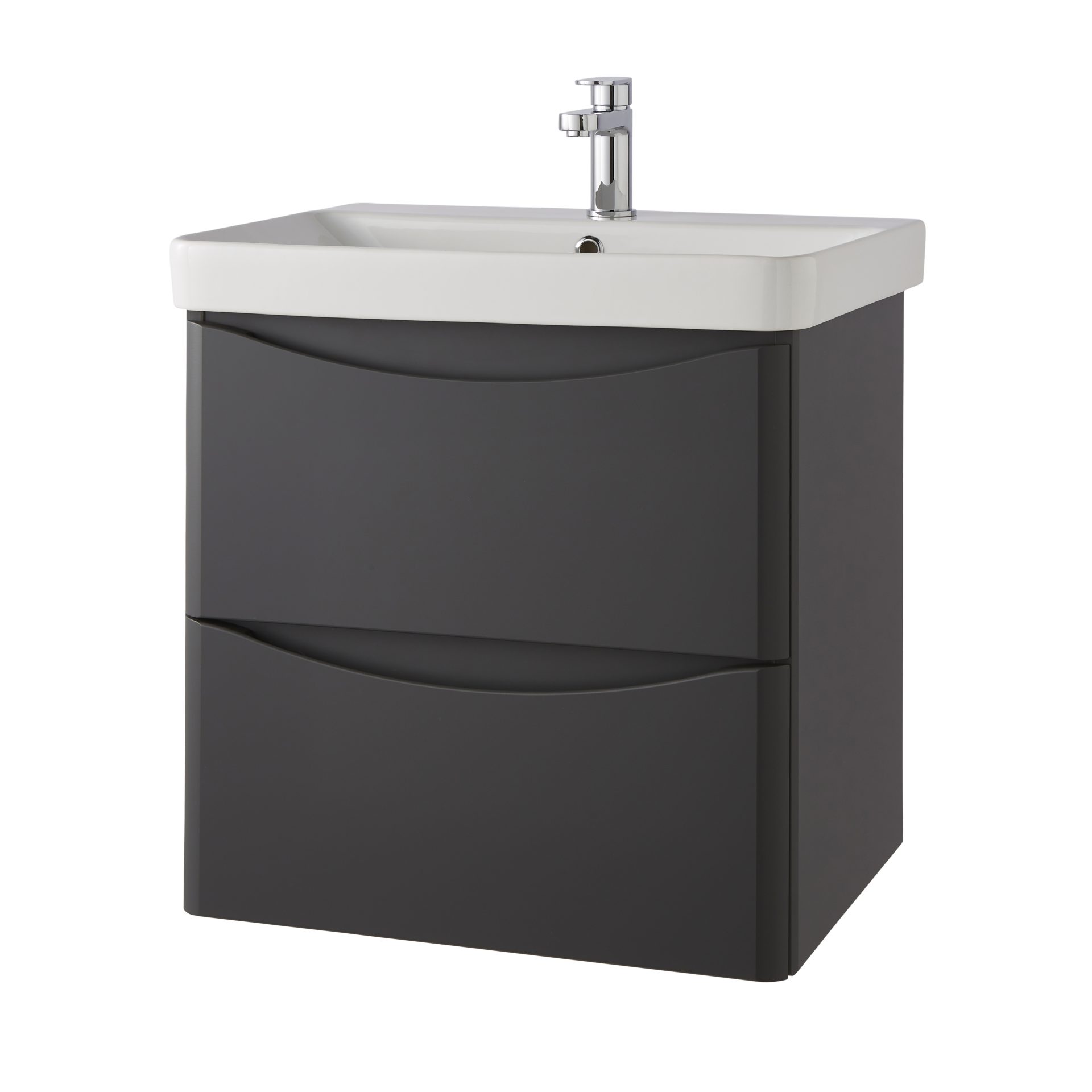 Arc 600mm 2 Drawer Wall Mounted Unit & Ceramic Basin – Matt Graphite