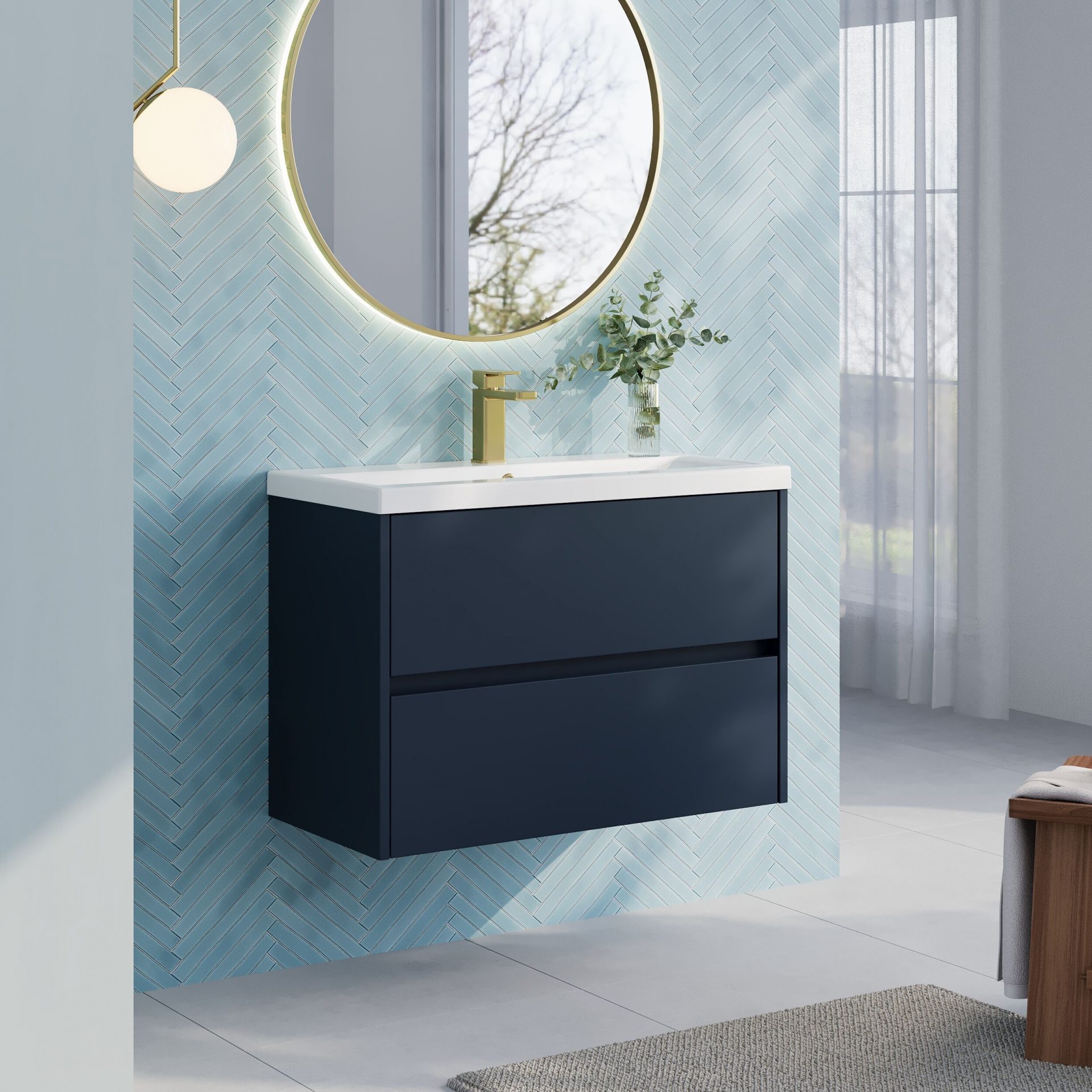 Nuie Havana 800mm 2 Drawer Wall Hung Unit & Mid-Edge Basin – Midnight Blue
