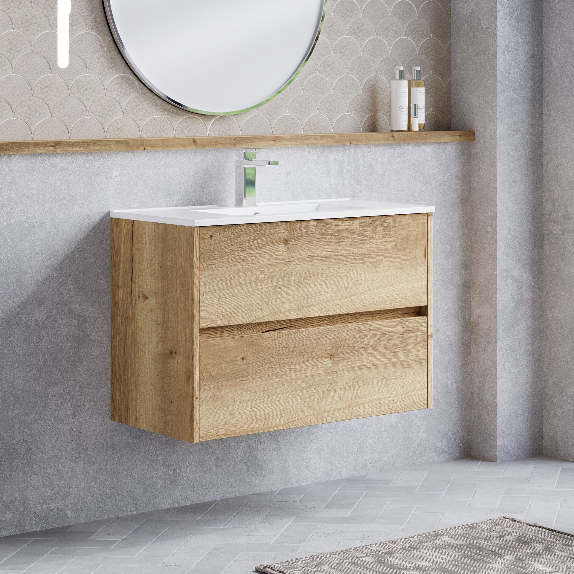 Nuie Havana 800mm 2 Drawer Wall Hung Unit & Minimalist Basin – Autumn Oak