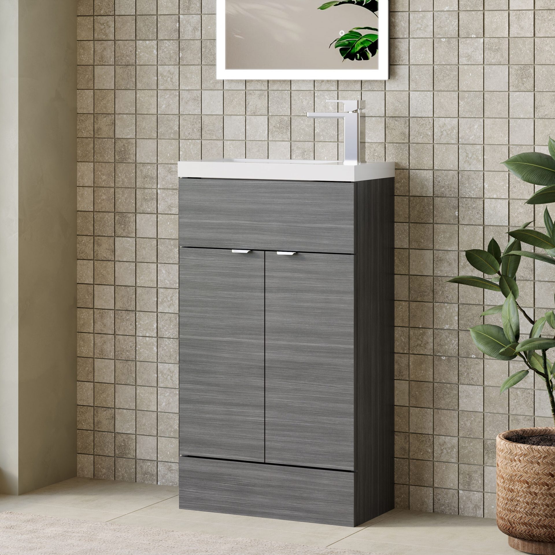 Hudson Reed Fusion Slimline 500mm 2 Door Floor Standing Vanity Unit – Anthracite Woodgrain