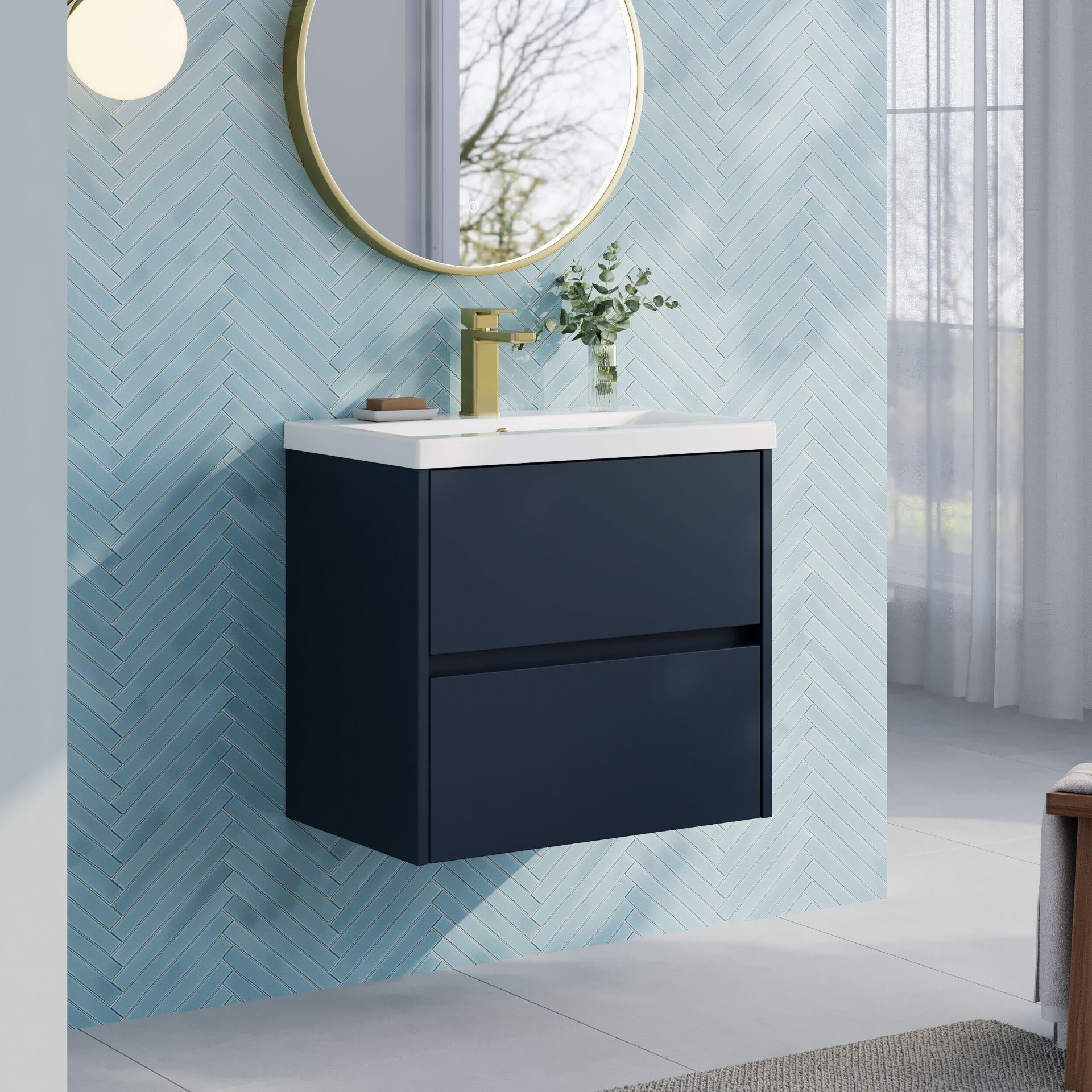 Nuie Havana 600mm 2 Drawer Wall Hung Unit & Mid Edge Basin – Midnight Blue