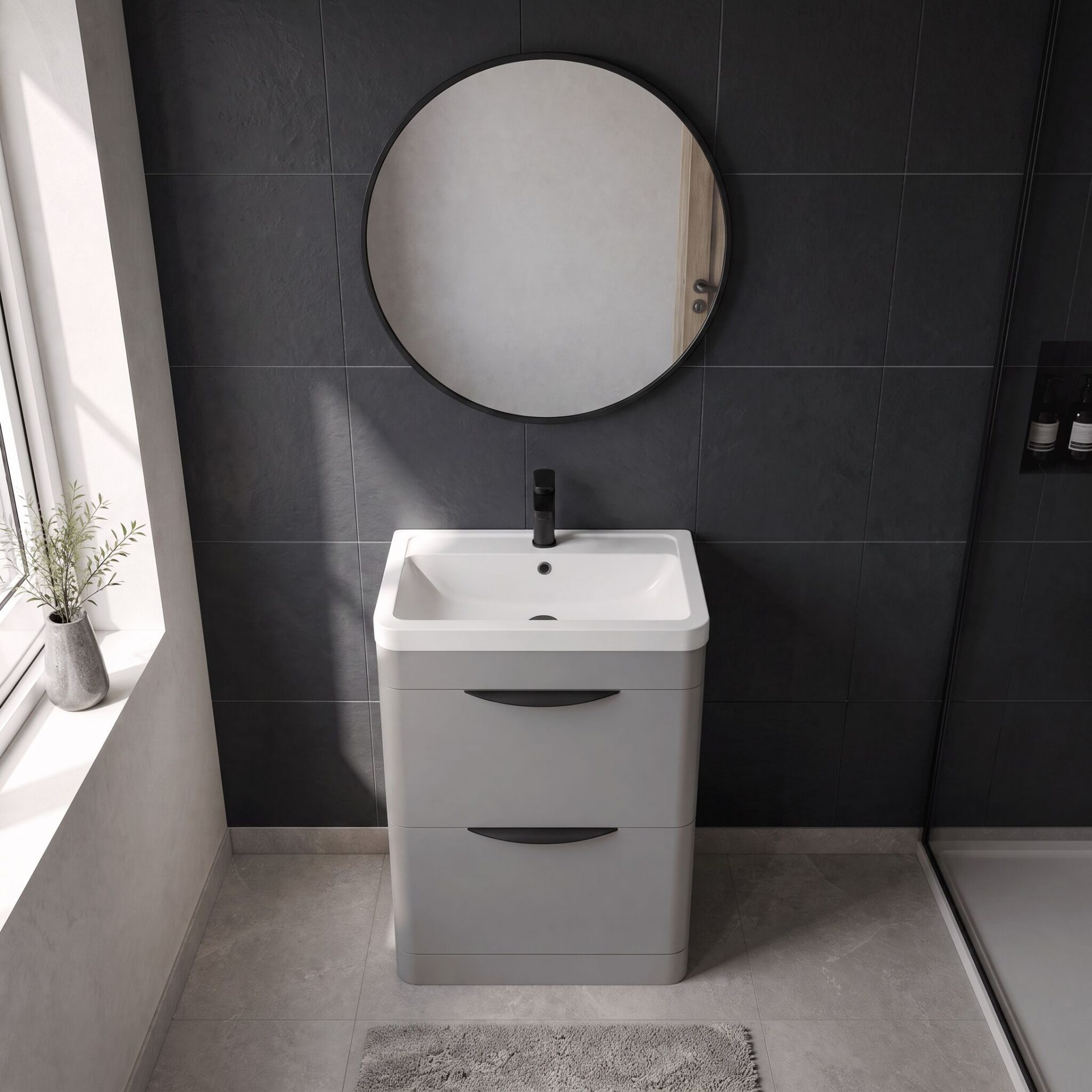 Nuie Parade 600mm 2 Drawer Floorstanding Vanity Unit & Polymarble Basin – Satin Grey