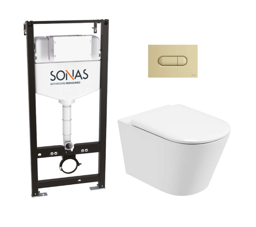 Sonas Reflections Wall Hung Frame Pack with Brushed Gold Flush Plate