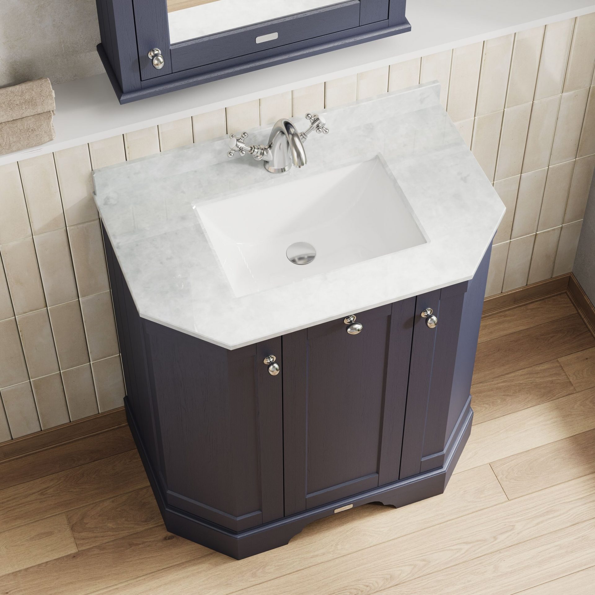Old London 750mm 3 Door Floor Standing Angled Vanity Unit & White Marble Basin – Twilight Blue