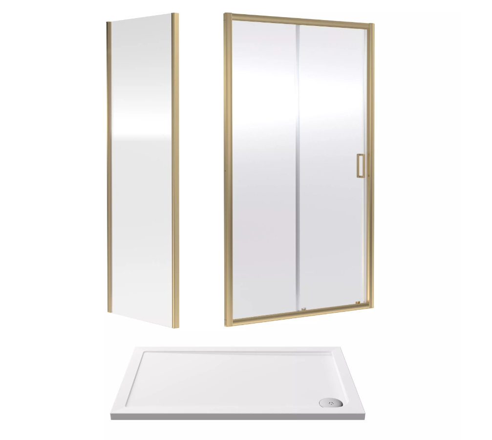 1200 x 760mm Brushed Brass Single Sliding Shower Enclosure With White Tray and Waste