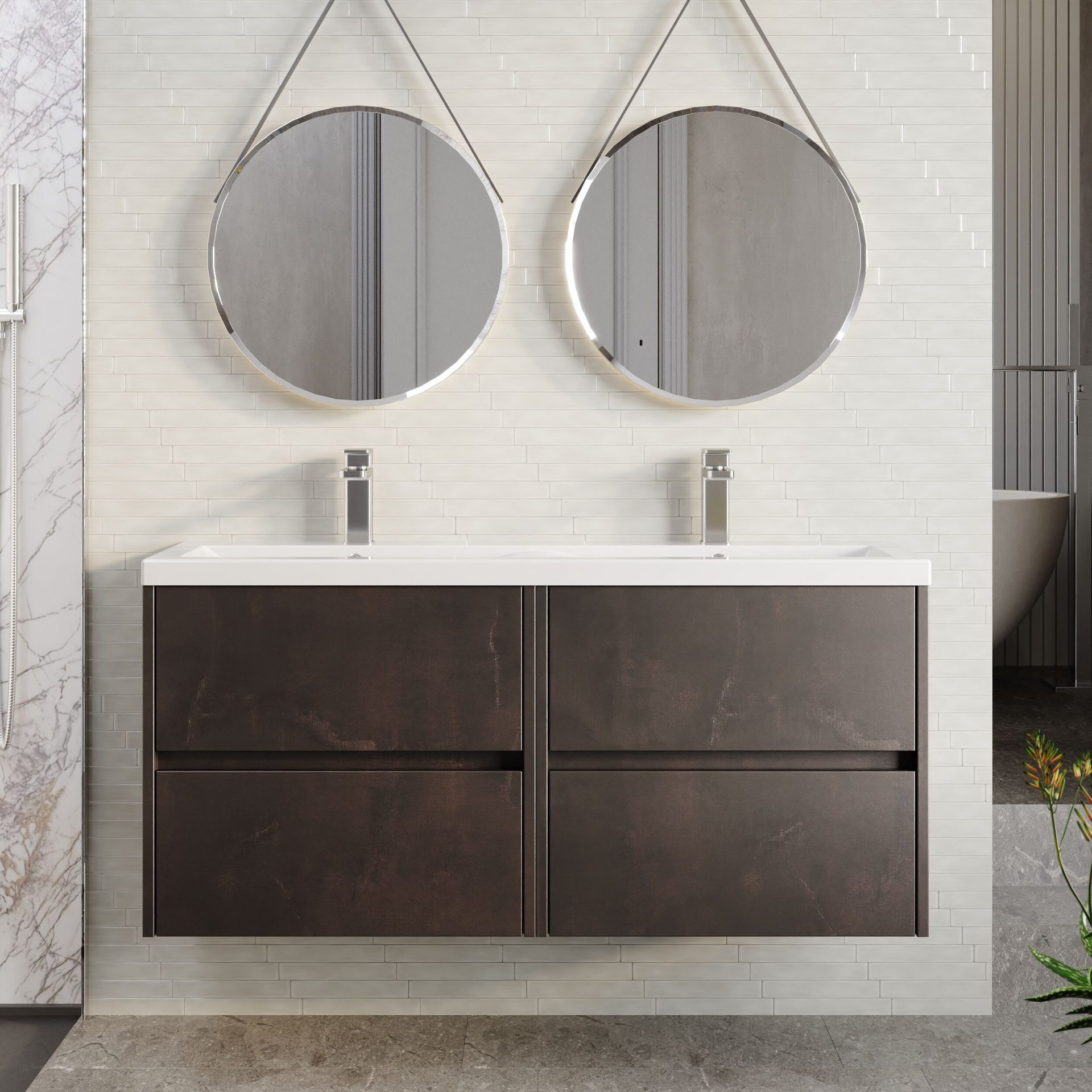 Nuie Havana 1200mm 4 Drawer Wall Hung Unit & Twin Ceramic Basin – Metallic Slate