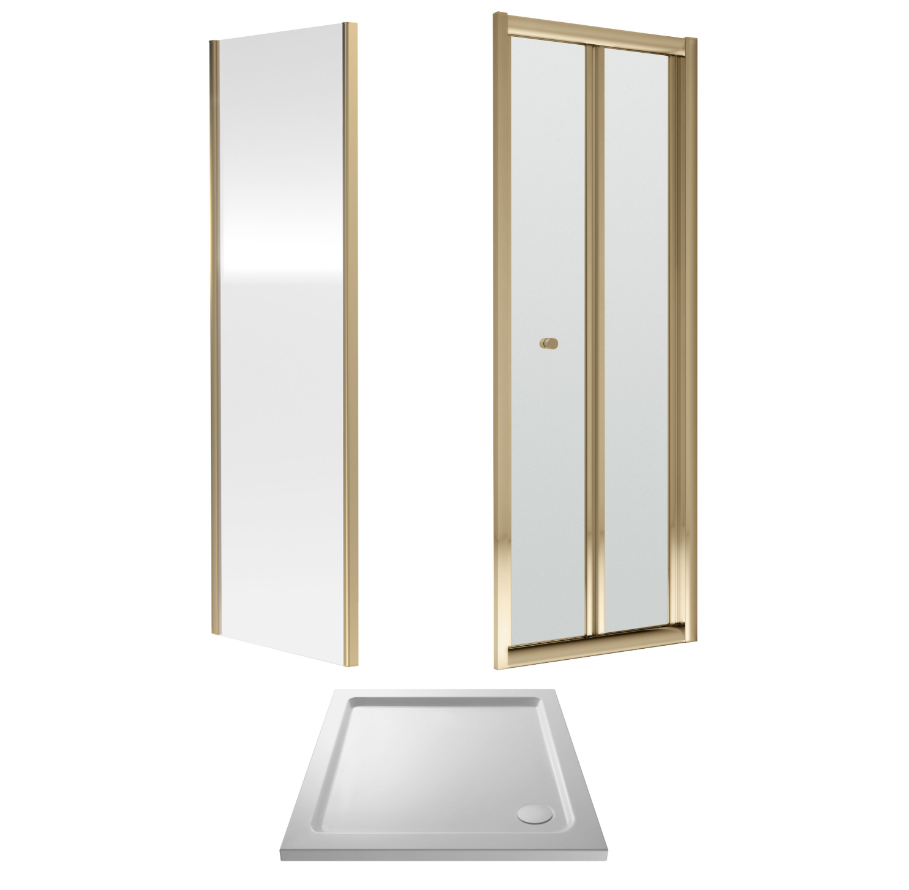 700 x 700mm Brushed Brass Bi-fold Door Shower Enclosure With White Tray