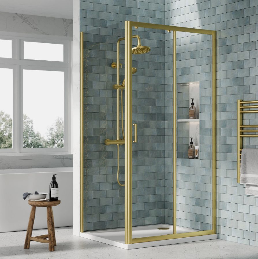 1000 x 800mm Brushed Brass Single Sliding Shower Enclosure With White Tray