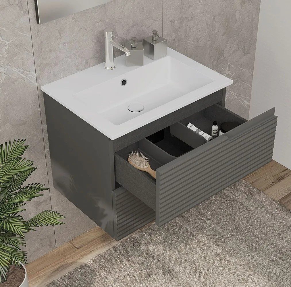 Qualitex Civetta 600mm 2 Drawer Wall Hung Unit & Basin – Matt Grey
