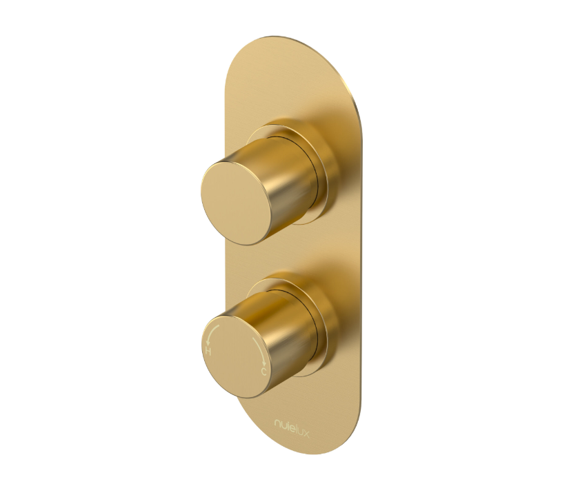 Nuie Lux Steeple Twin Outlet Thermostatic Shower Valve with Diverter – Brushed Brass