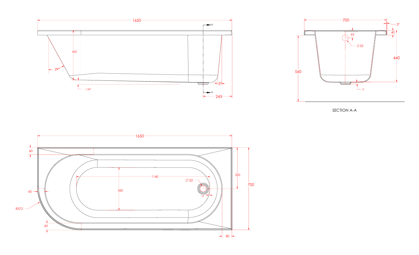 Eastbrook Beaufort 5mm Biscay Single Ended Bath 1650x700mm