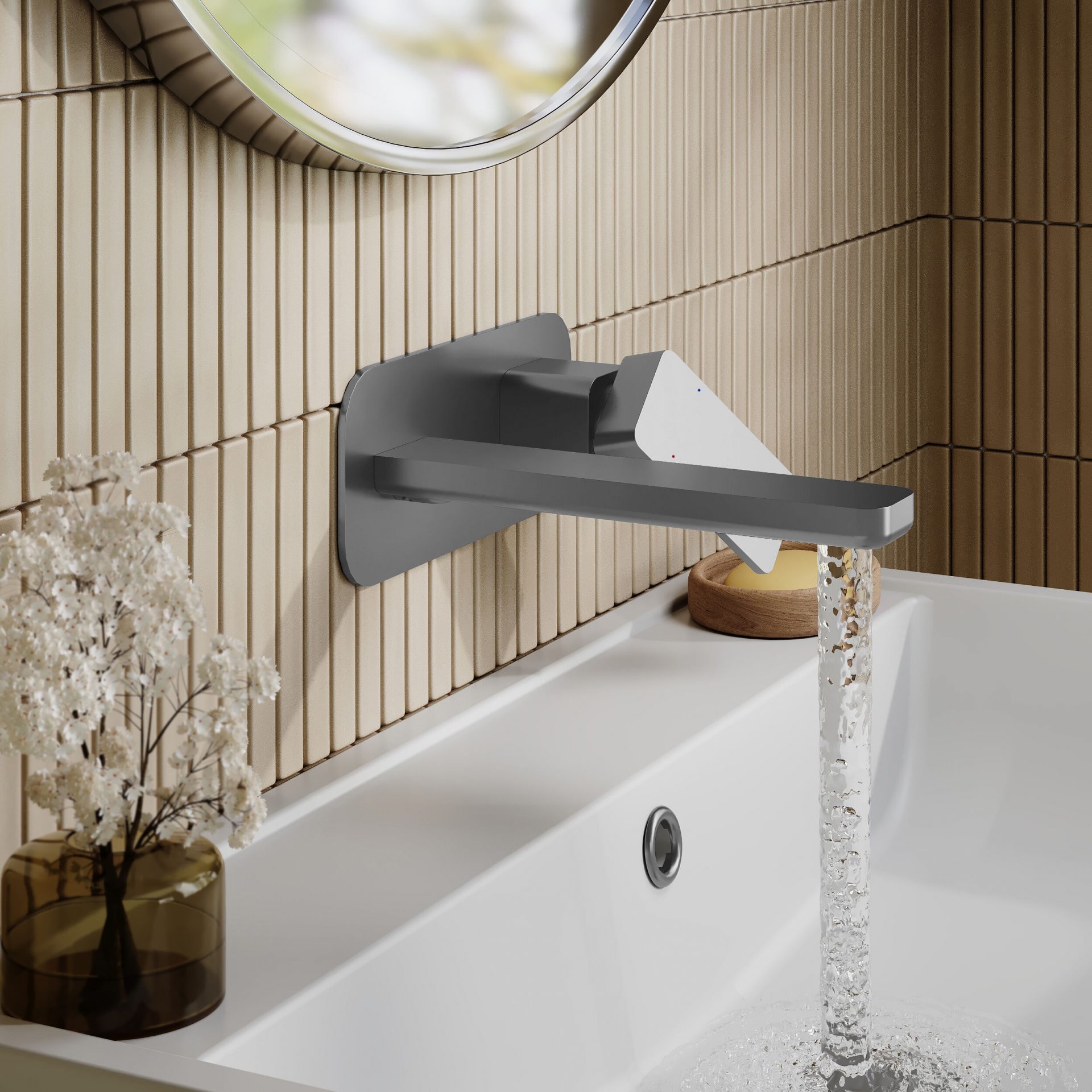 Nuie Windon Wall Mounted 2 Tap Hole Basin Mixer With Plate – Brushed Pewter