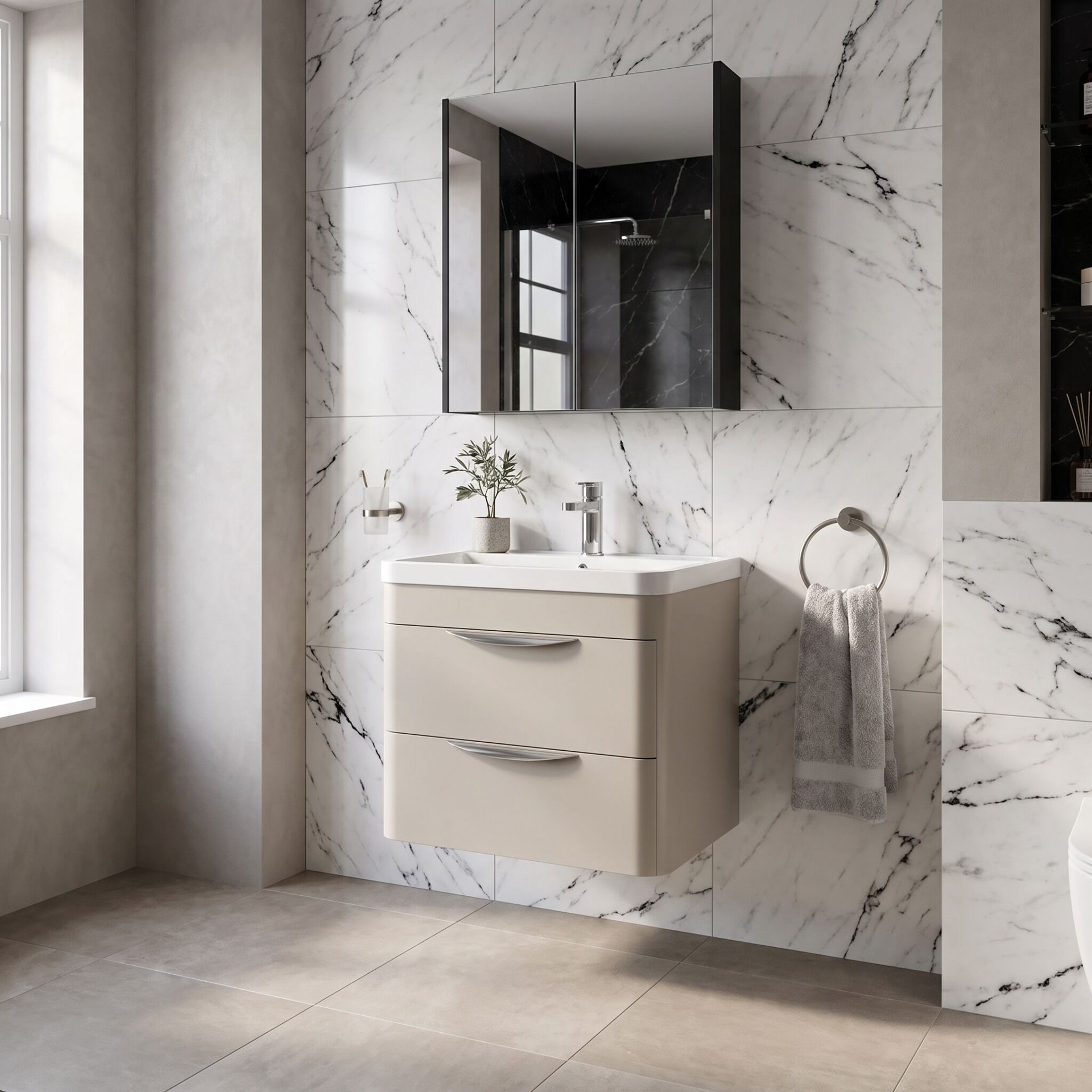 Nuie Parade 600mm 2 Drawer Wall Hung Vanity Unit & Polymarble Basin – Pebble Grey