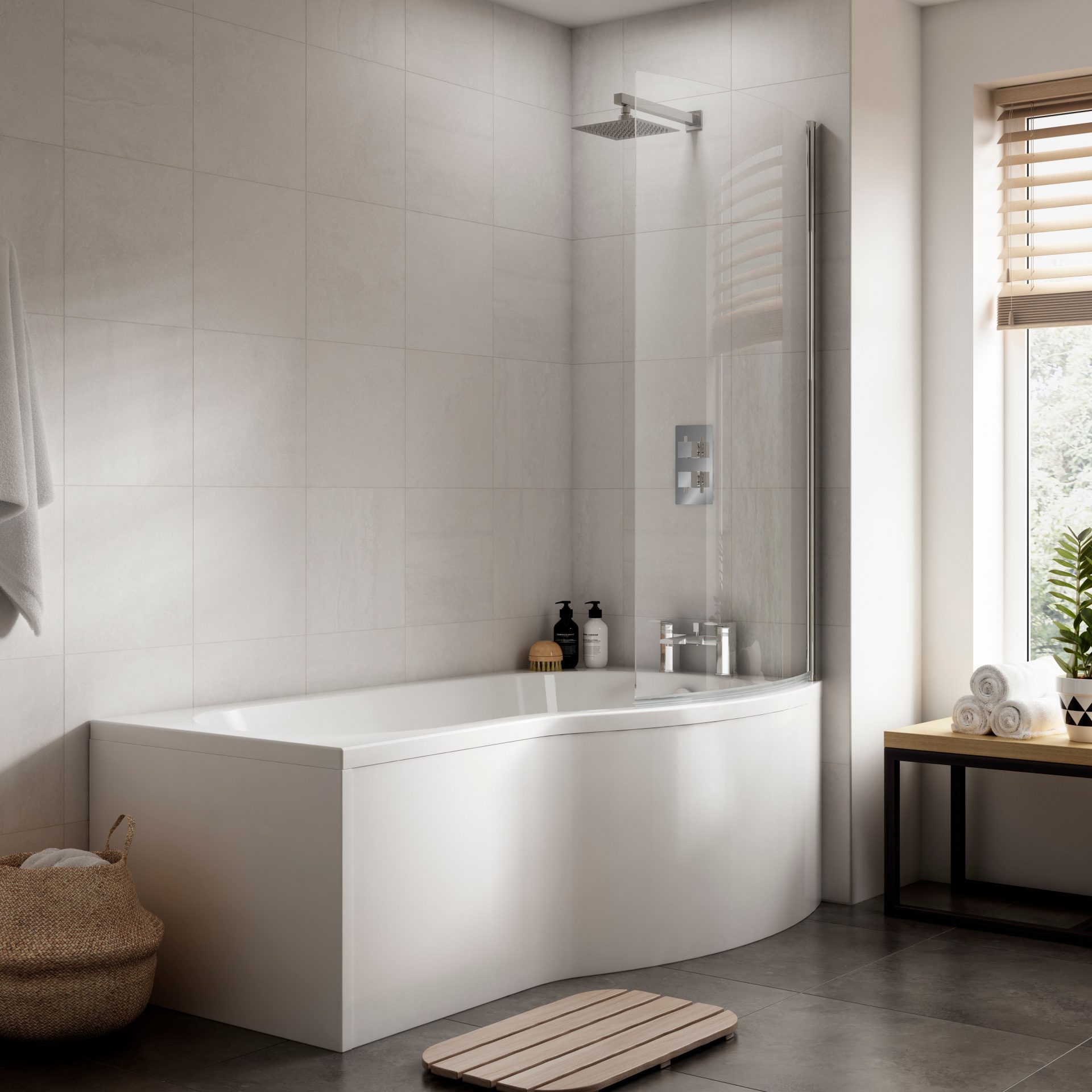 1700mm Right Hand B-Shaped Shower Bath With Screen, Side Panel And Leg Set