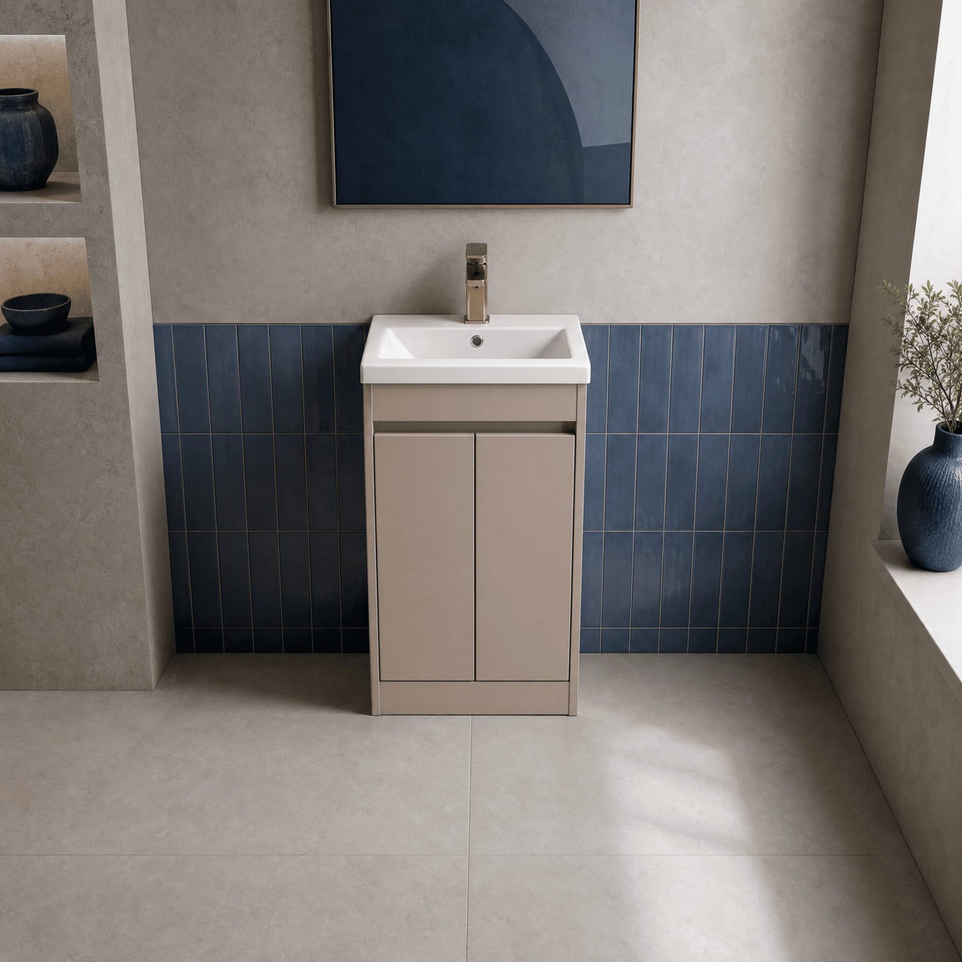 Nuie Havana 500mm 2 Door Floor Standing Unit & Mid-Edge Basin – Soft Linen