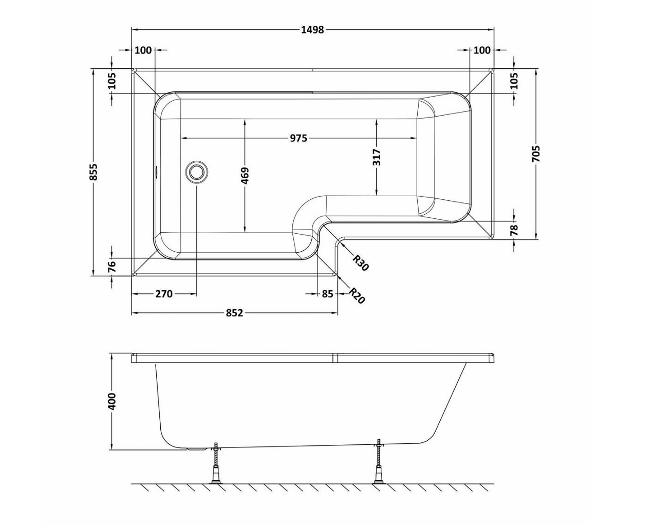 1500mm Left Hand Square Shower Bath Set with Screen, Side Panel And Leg Set