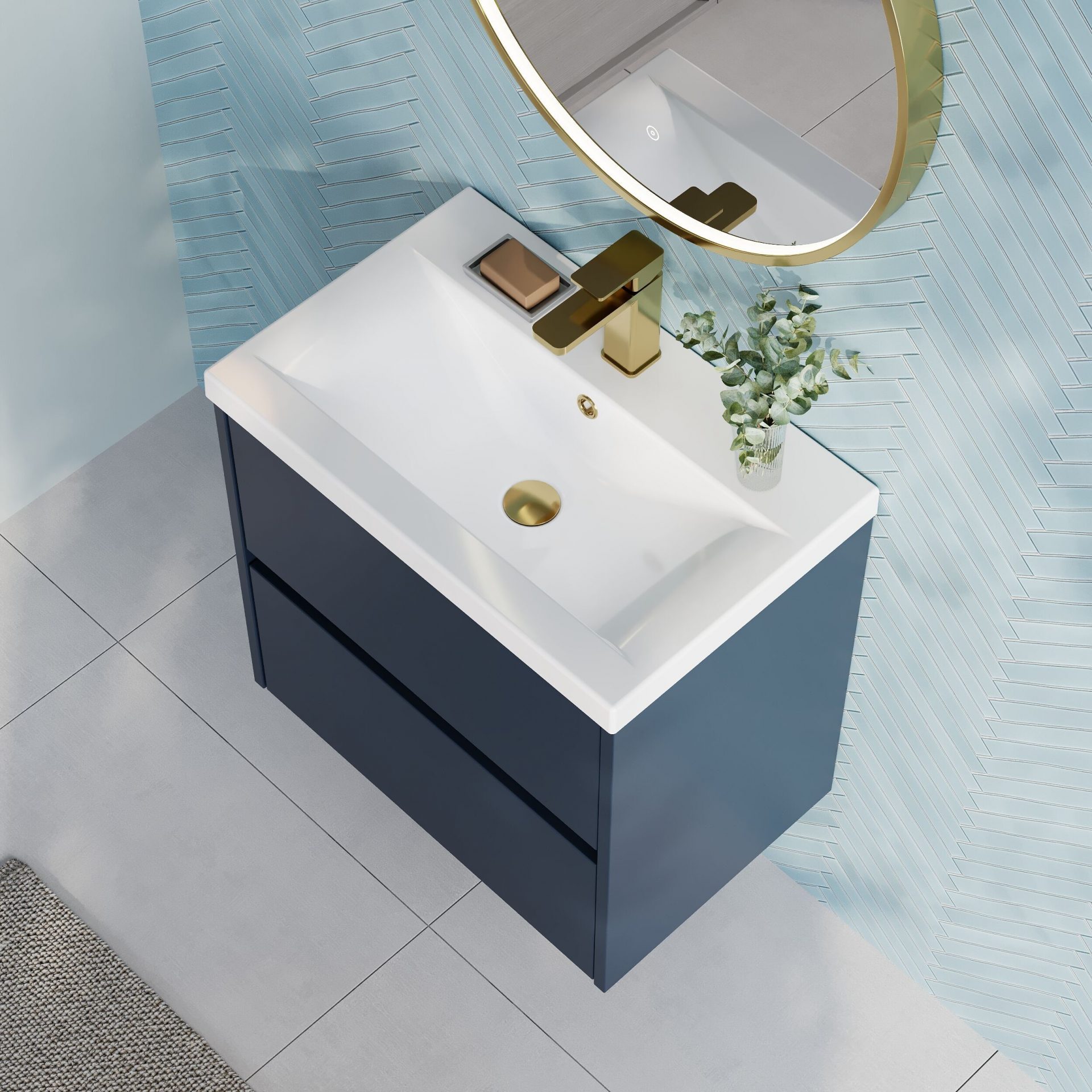 Nuie Havana 600mm 2 Drawer Wall Hung Unit & Mid Edge Basin – Midnight Blue
