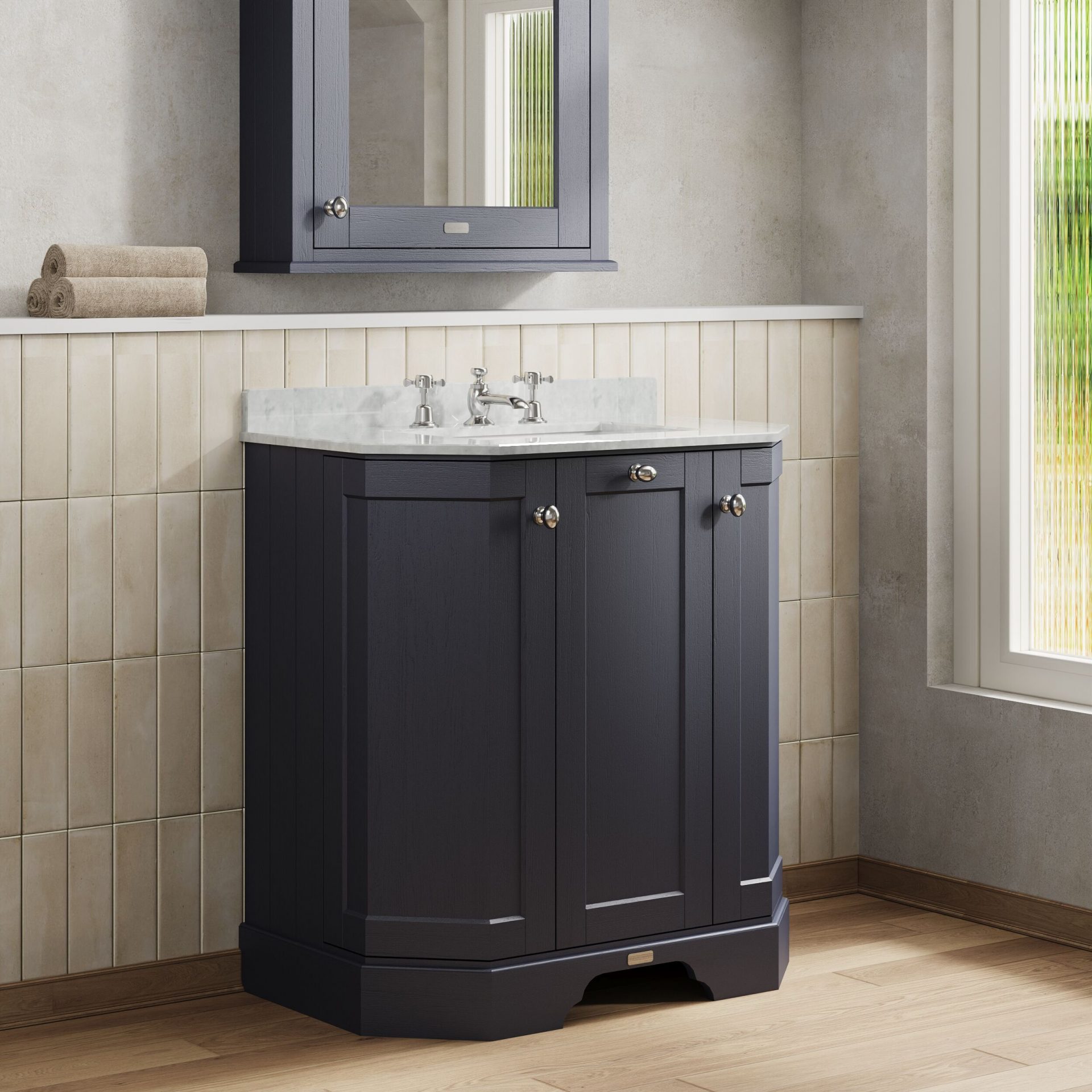 Old London 750mm 3 Door Floor Standing Angled Vanity Unit & White Marble Basin – Twilight Blue