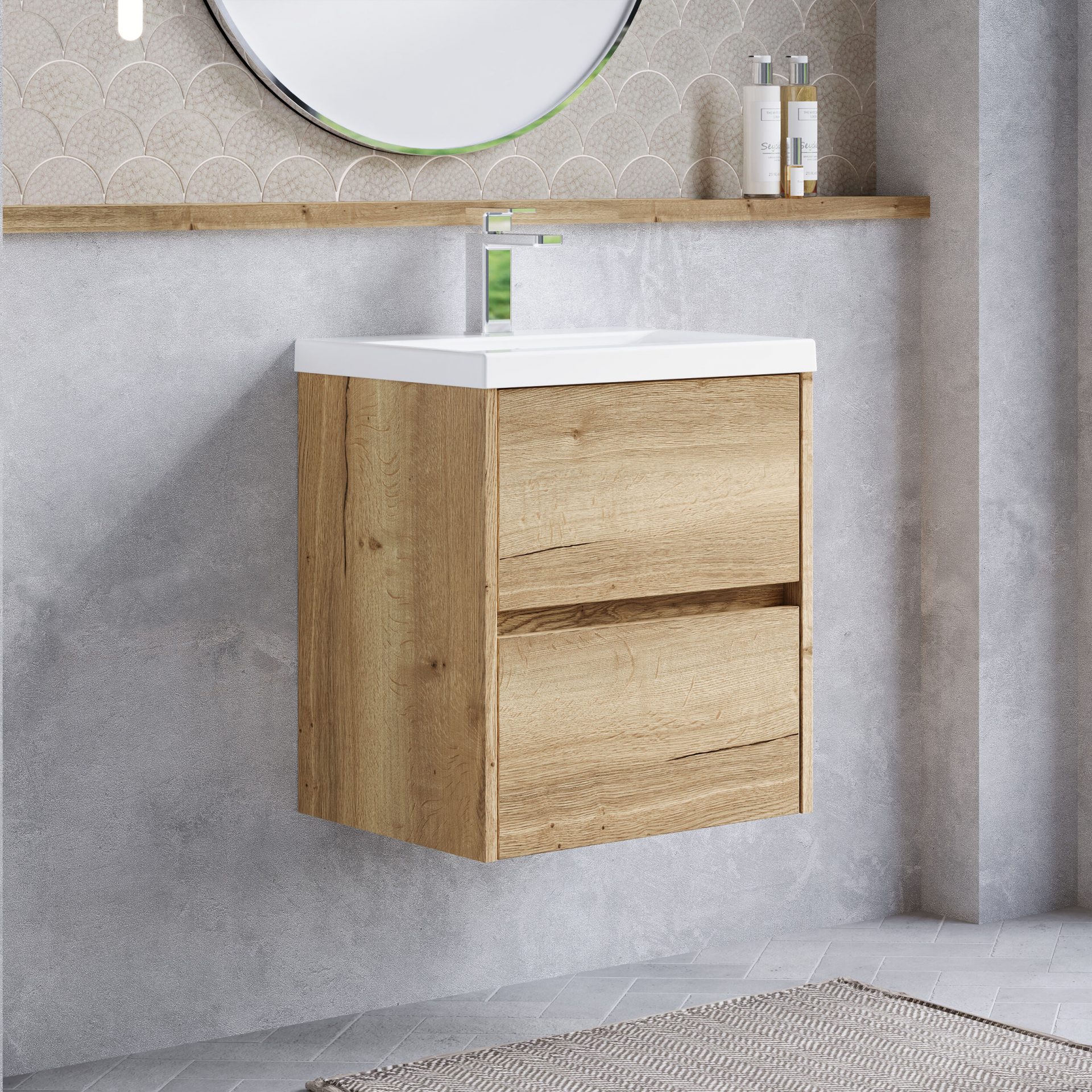 Nuie Havana 500mm 2 Drawer Wall Hung Unit & Mid Edge Basin – Autumn Oak