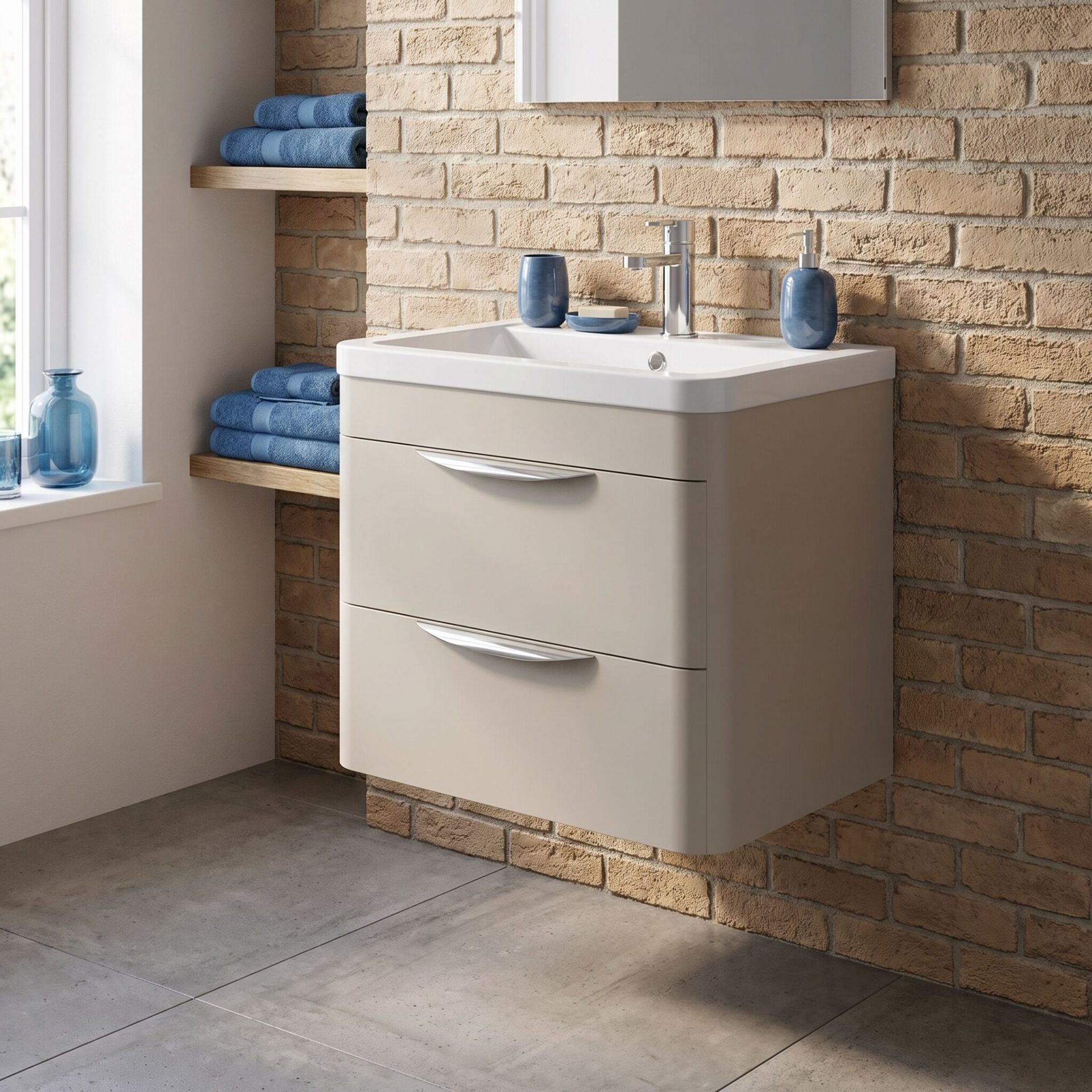 Nuie Parade 600mm 2 Drawer Wall Hung Vanity Unit & Ceramic Basin – Pebble Grey