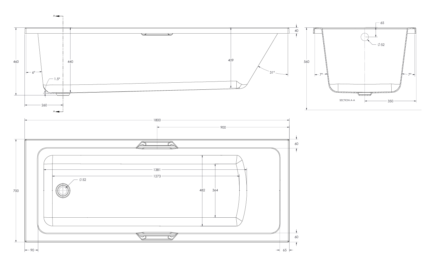 Eastbrook Beaufort 5mm Portland Single Ended Twin Grip Bath 1800x700mm
