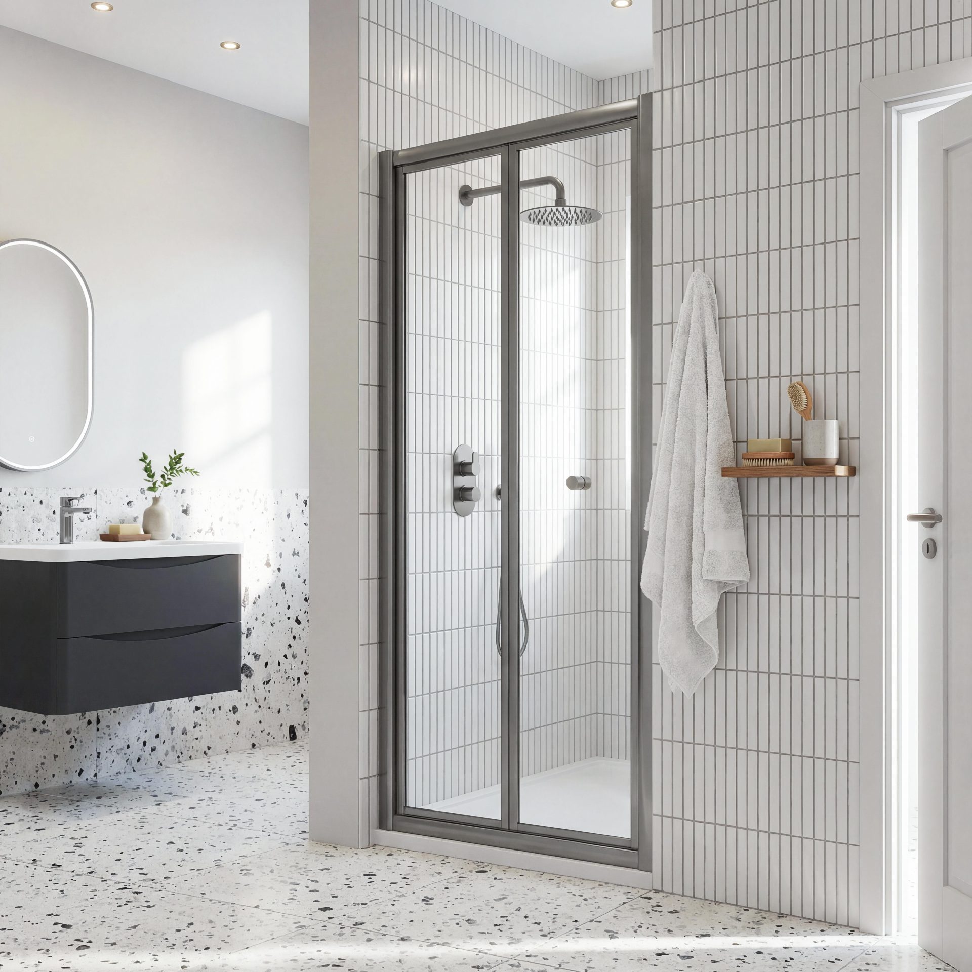 Nuie Rene 4mm Bifold Shower Enclosures – Brushed Pewter
