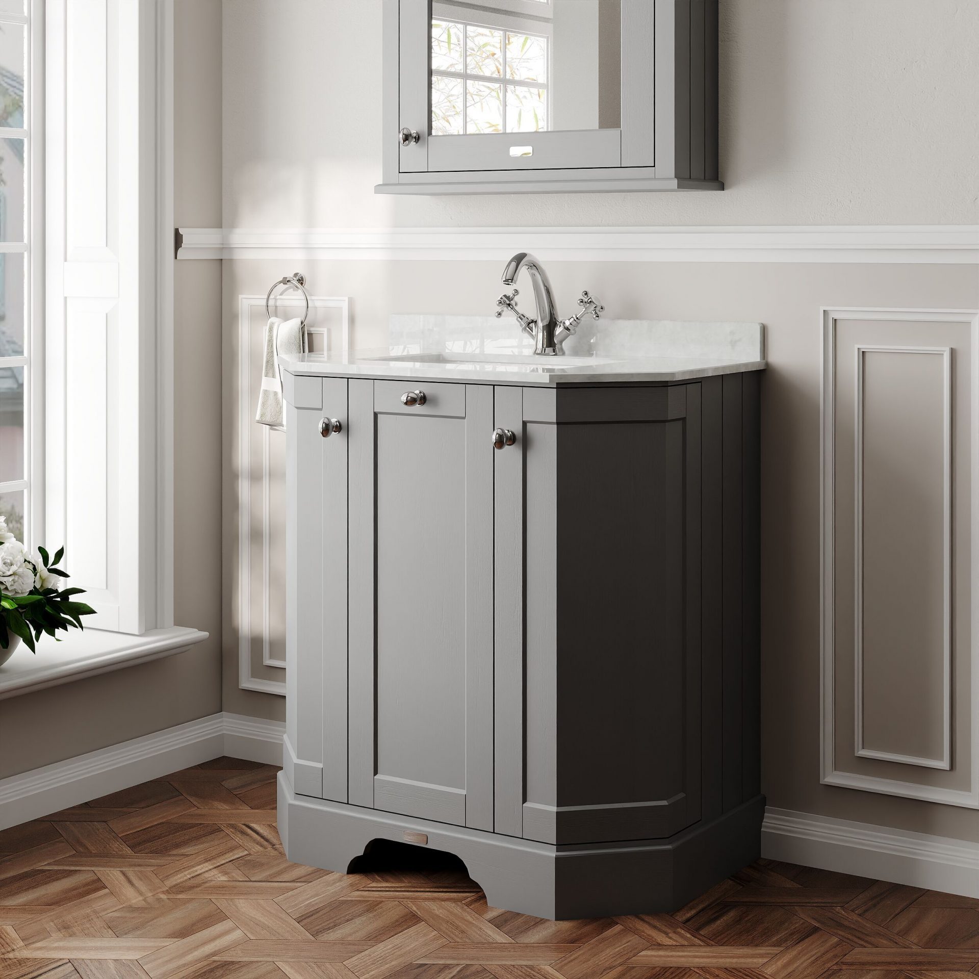 Old London 750mm 3 Door Floor Standing Angled Vanity Unit & White Marble Basin – Storm Grey