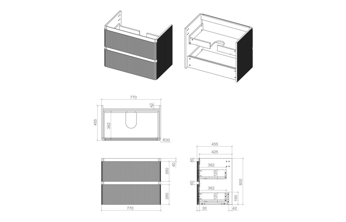 MyBathrooms Clara Fluted 805mm 2 Drawer Wall Hung Unit & 1TH Basin – Textured Oak