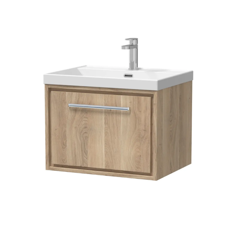 Hudson Reed Lille 600mm 1 Drawer Wall Hung Vanity Unit & Optional Basin – Bleached Oak