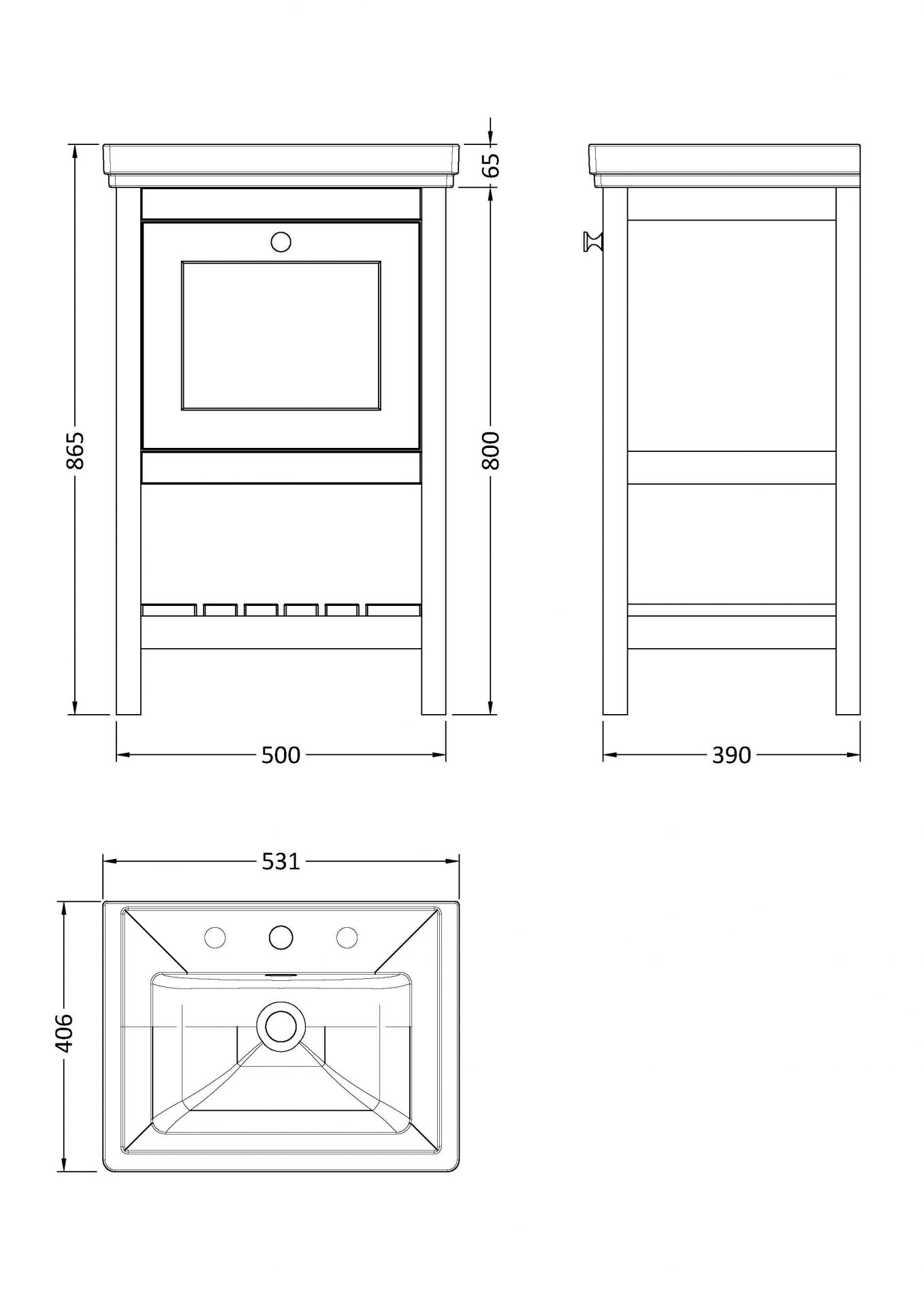 Old London Bexley 500mm 1 Drawer Floor Standing Vanity Unit & Basin – Pure White