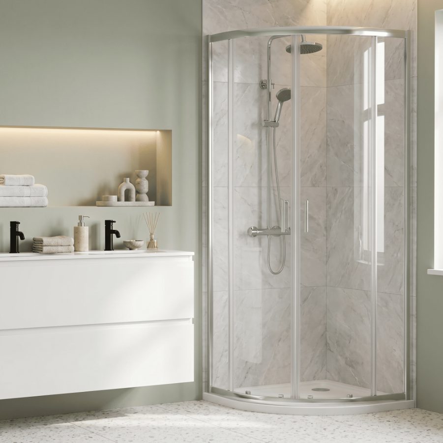 900mm Chrome Quadrant Shower Enclosure With White Tray, Waste and Round Thermostatic Shower Kit