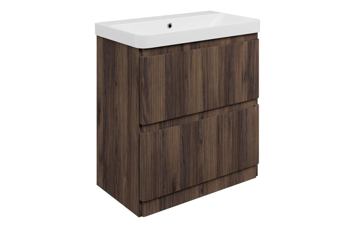 MyBathrooms Clara Fluted 805mm 2 Drawer Floorstanding Unit & 1TH Basin – Textured Walnut