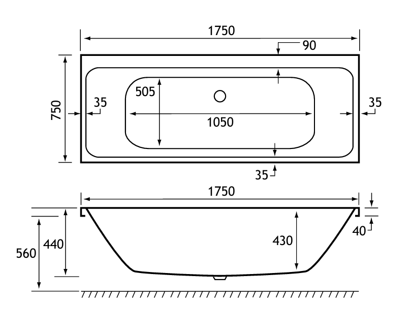 Eastbrook Ultra Strong Beauforte Malin Double Ended Bath 1750x750mm
