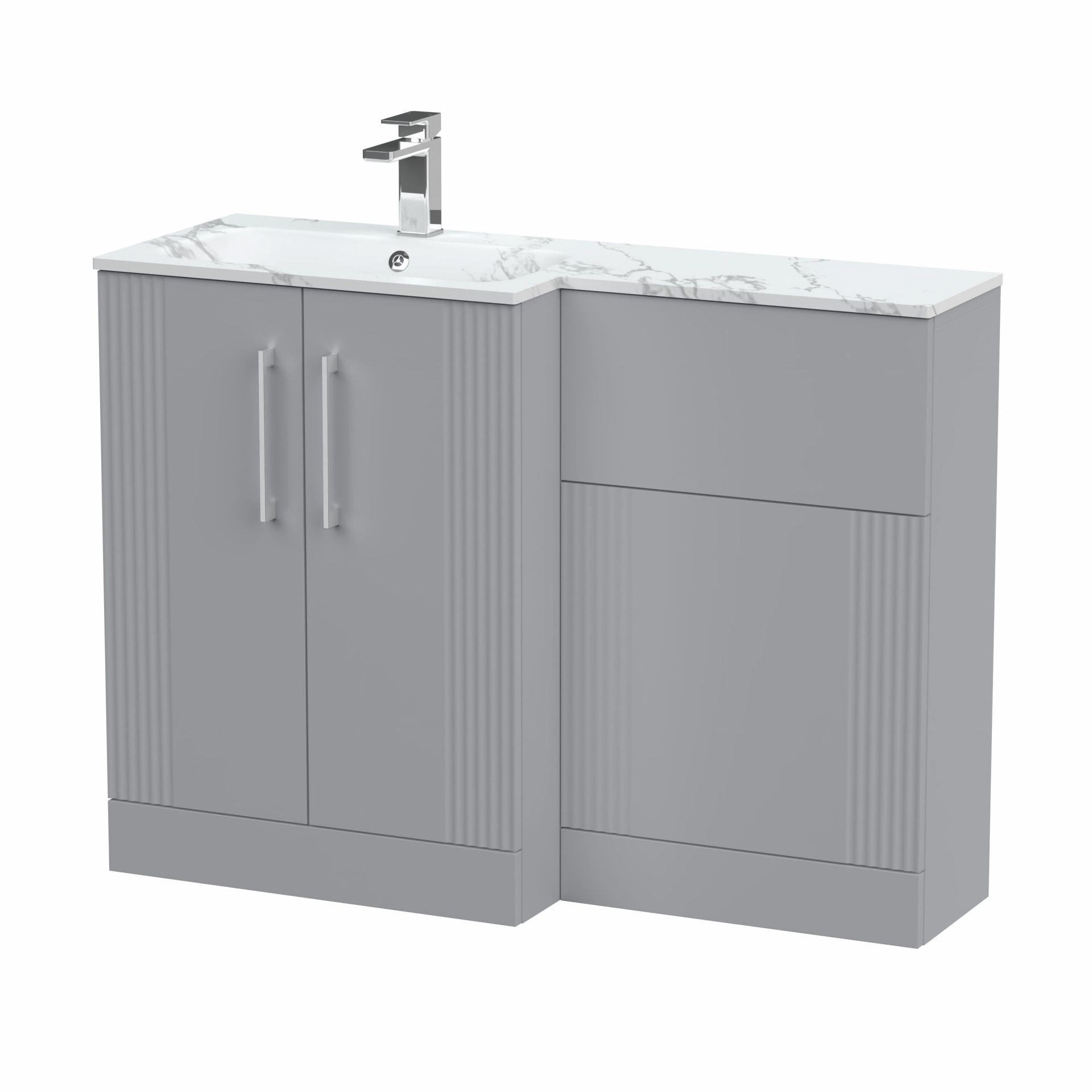 Nuie Deco 1100mm 2 Door Floor Standing Combination Unit with Carrara Marble Basin – Satin Grey