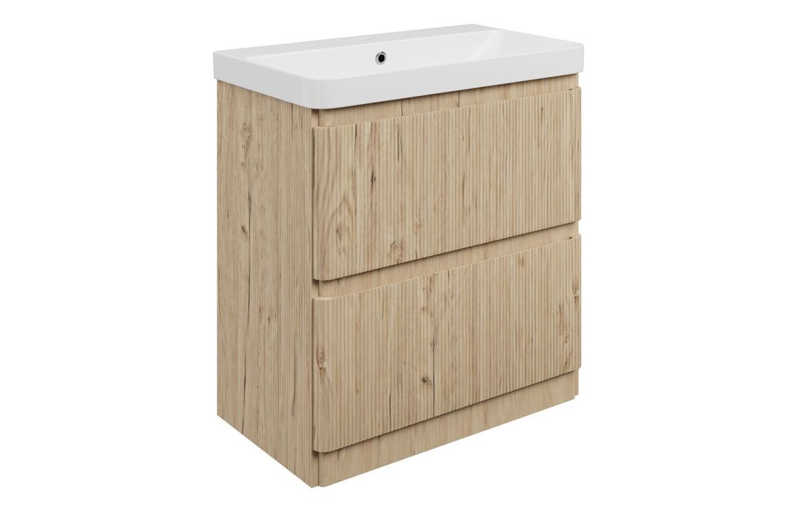 MyBathrooms Clara Fluted 805mm 2 Drawer Floorstanding Unit & 1TH Basin – Textured Oak
