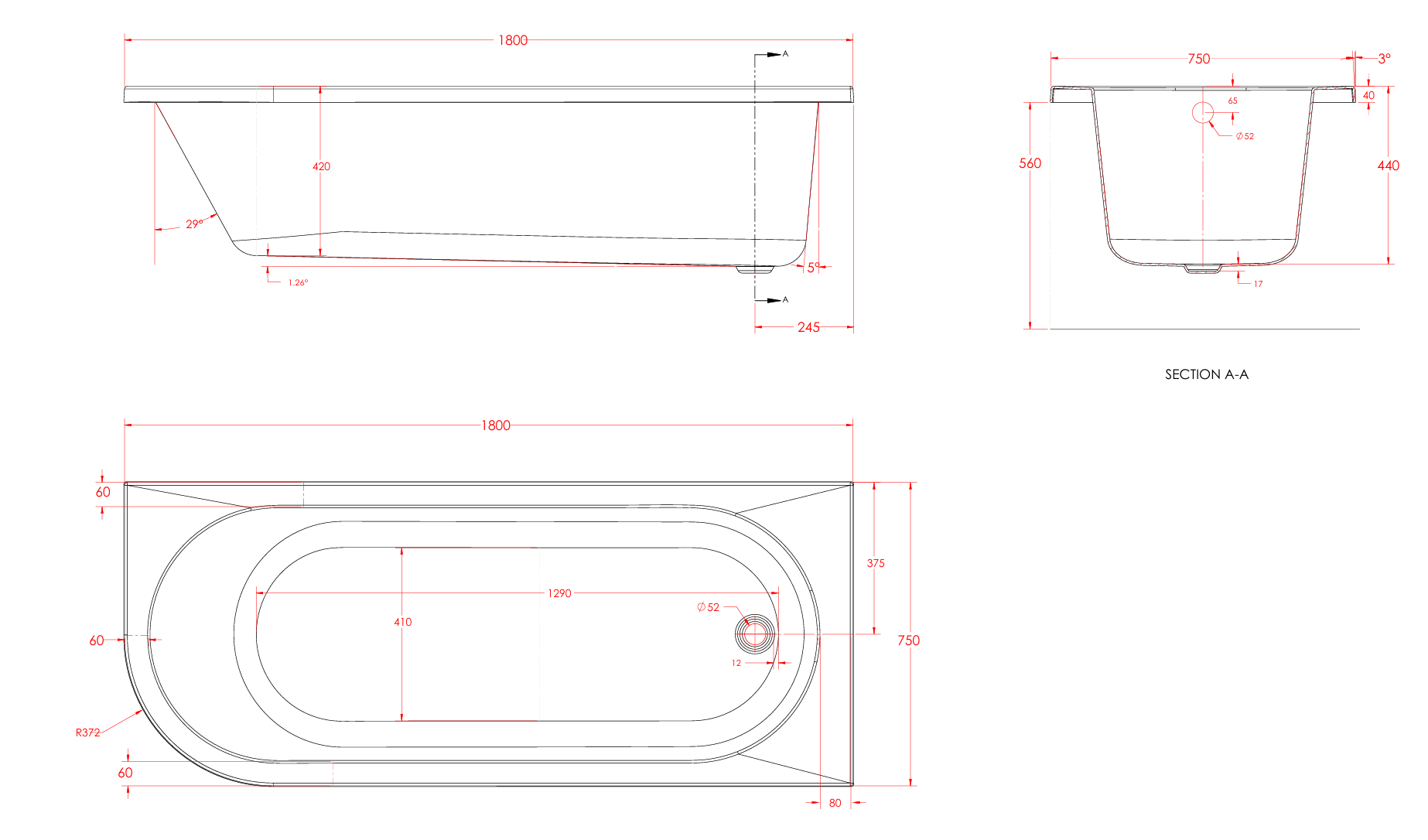Eastbrook Beaufort 5mm Biscay Single Ended Bath 1800x750mm